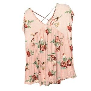 Reb & J. Pink Floral V-Neck Blouse with Cap Sleeves Size Small